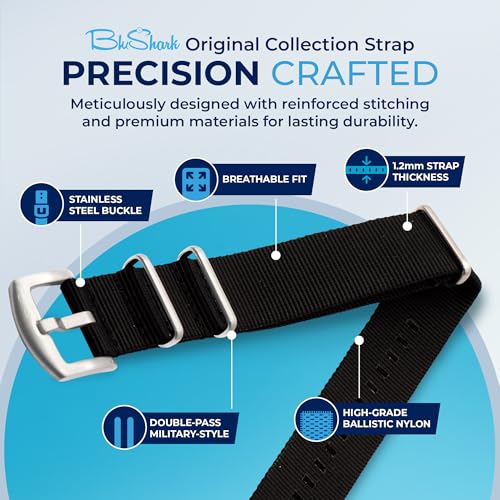 BluShark - Original Collection Military-Style Waterproof Watch Strap, Fits All Timepiece Brands, Durable Nylon Wristwatch Accessories with Stainless Steel Buckle, Black, 20mm - Image 3