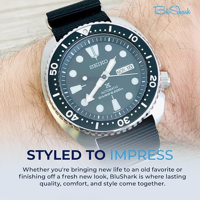 BluShark - Original Collection Military-Style Waterproof Watch Strap, Fits All Timepiece Brands, Durable Nylon Wristwatch Accessories with Stainless Steel Buckle, Black, 20mm - Image 5