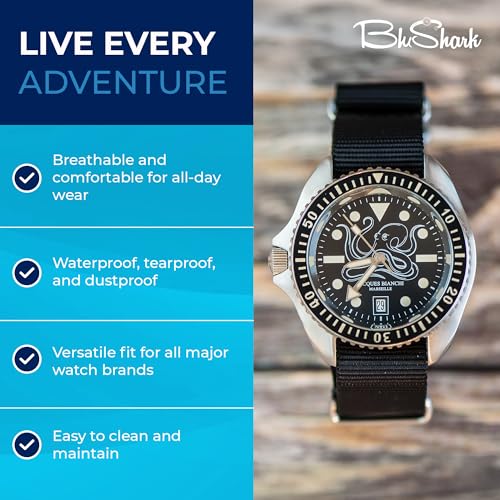 BluShark - Original Collection Military-Style Waterproof Watch Strap, Fits All Timepiece Brands, Durable Nylon Wristwatch Accessories with Stainless Steel Buckle, Black, 20mm - Image 4