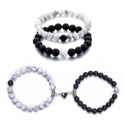 Okos Western Unisex Fashion Jewellery Combo of 2 Black and White Beads Studded Couple Bracelet with Connecting Hearts Charms For Women and Men CO1000455BLK - Image 1