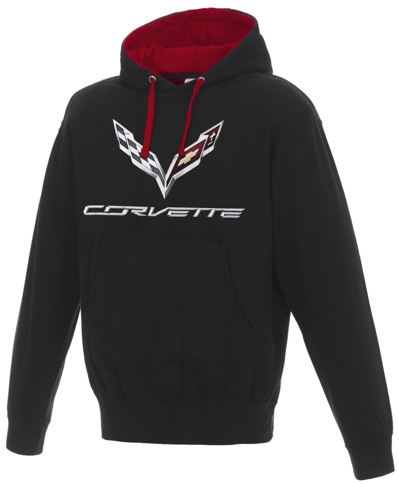 JH DESIGN GROUP Men's Chevy Corvette C7 Pullover Hoodie Sweatshirt Red Hood Lining & Stitching (Medium, Black - Red) - Image 1