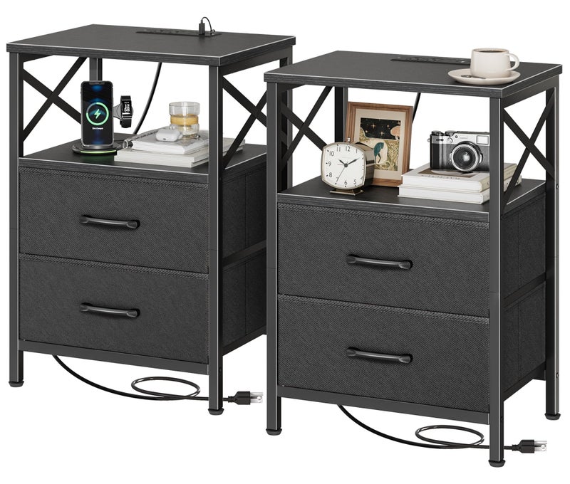 Huuger Nightstands Set of 2, Night Stand with Charger Station, 2 Drawer Side Table with Open Shelf, USB-C Port, End Table for Small Spaces, X Shaped Side Rail, Black - Image 1