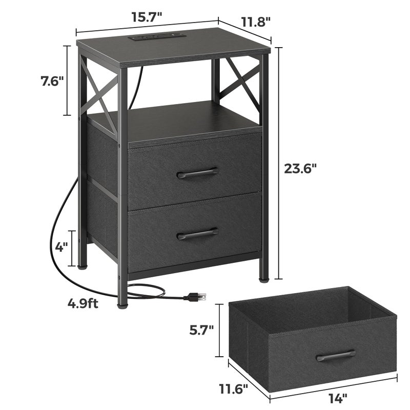 Huuger Nightstands Set of 2, Night Stand with Charger Station, 2 Drawer Side Table with Open Shelf, USB-C Port, End Table for Small Spaces, X Shaped Side Rail, Black - Image 3