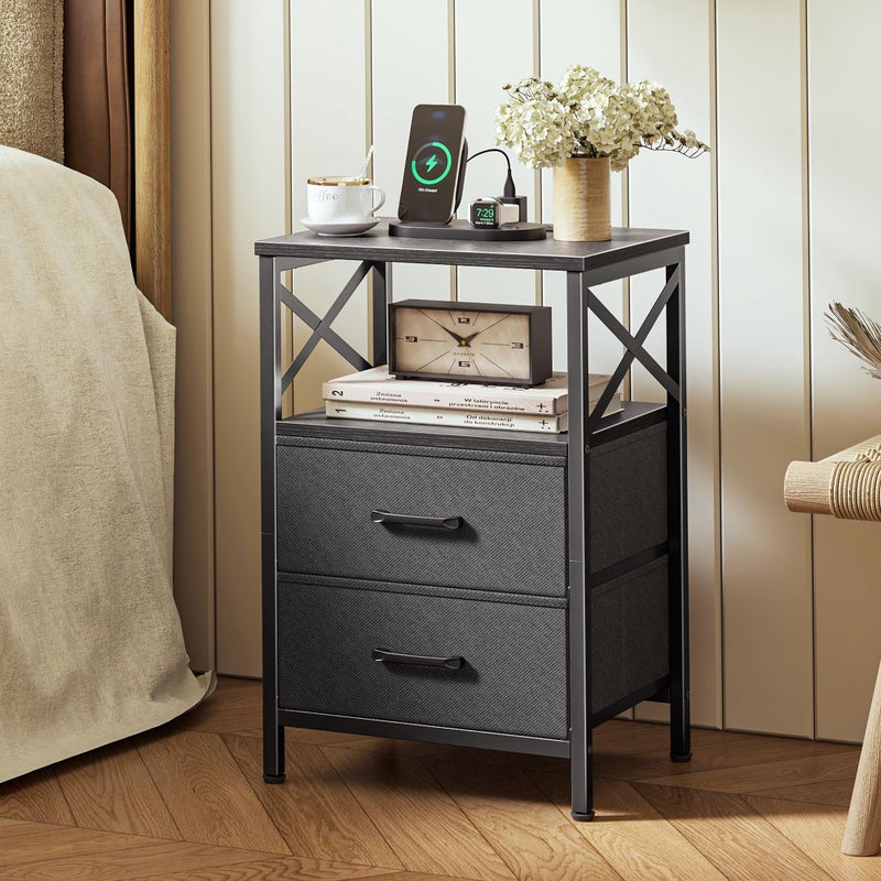 Huuger Nightstands Set of 2, Night Stand with Charger Station, 2 Drawer Side Table with Open Shelf, USB-C Port, End Table for Small Spaces, X Shaped Side Rail, Black - Image 2
