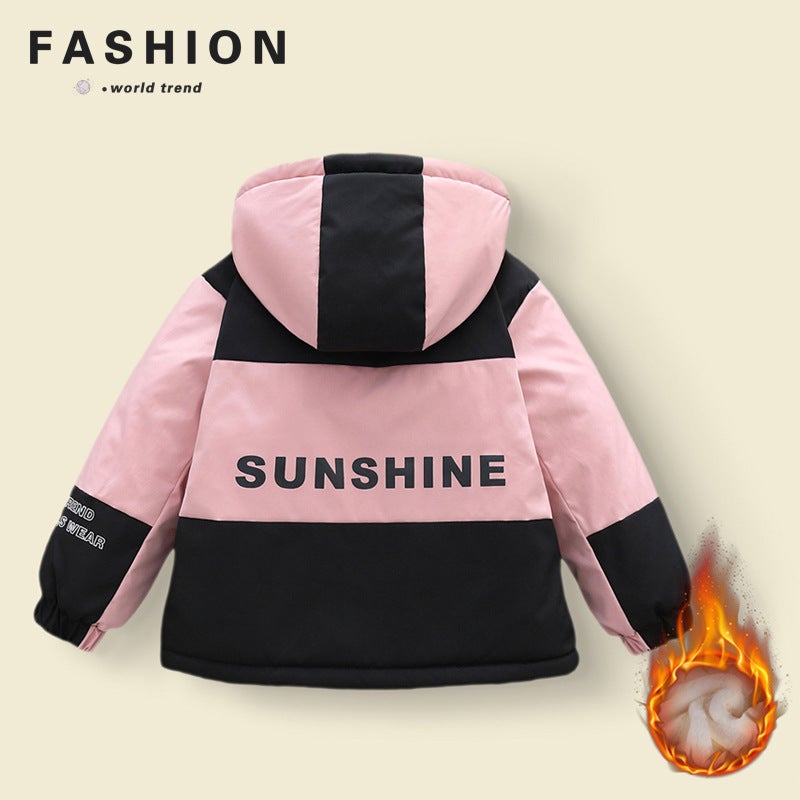 Winter New Girls Coat fleece-lined 2024 Boys Hooded Foreign Style Military Coat Cotton-padded Coat Childrens Coat Thickened Pink (sunshine style) 