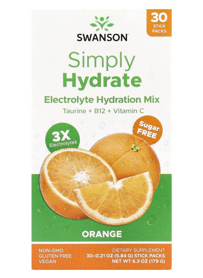 SWANSON - Simply Hydrate Electrolyte Hydration Mix Sugar Free Orange 30 Stick Packs 0.21 oz (5.84 g) Each - Image 1