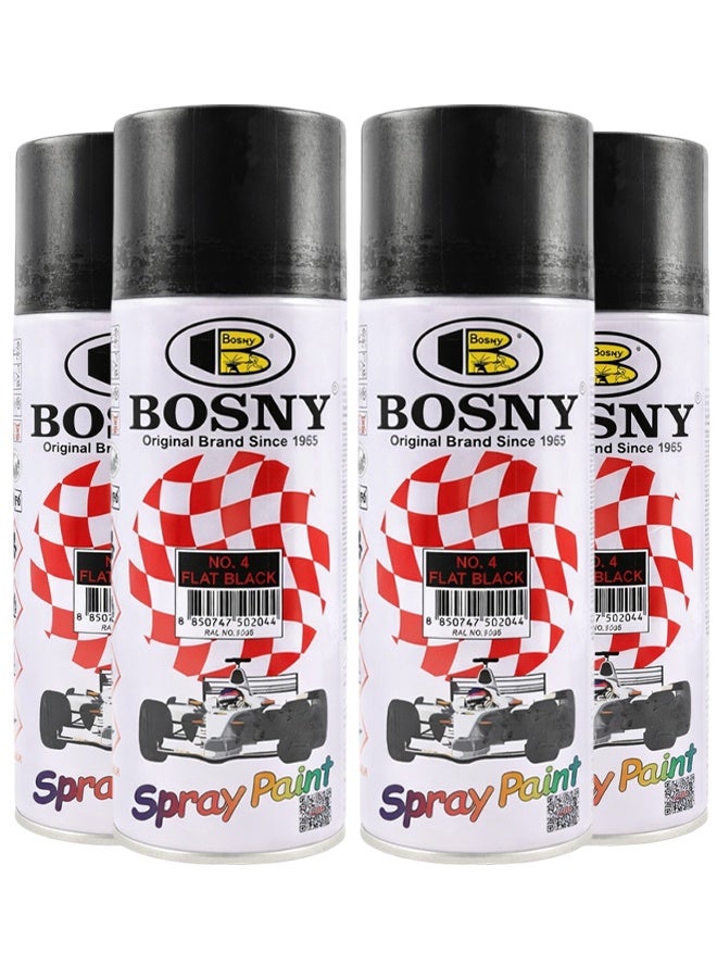 Bosny 4 Pcs Combo BOSNY No.4 Flat Black Spray Paint – Multi-Surface Aerosol Paint for Metal, Wood, Wall, Glass & Automotive Touch-Up | Quick Dry, High Gloss Finish, Long Lasting DIY & Industrial Spray Paint - Image 1