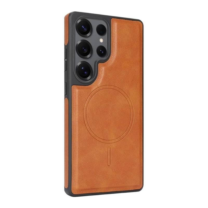 MagSafe Samsung Galaxy S23 Ultra Leather Case Texture with Card Holder and Kickstand and Anti Slip Grip in Brown - Image 1