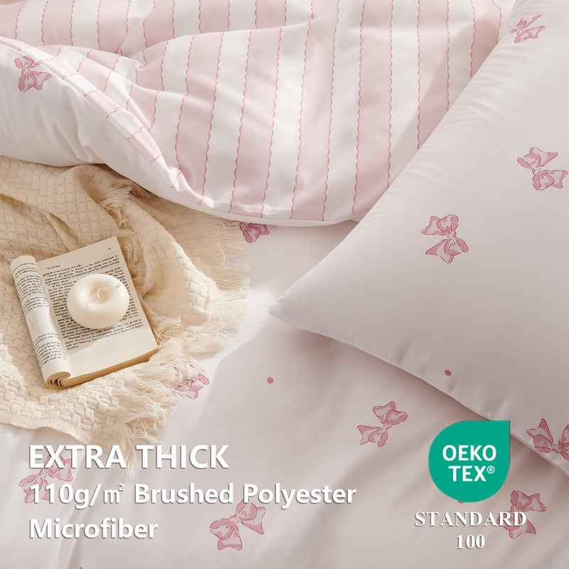 Bildenly Bow Duvet Cover King Size Reversible White Pink Bows Striped Bedding Set Kids Girls Bowknot Comforter Cover Set Soft Breathable Microfiber Quilt Cover with Zipper Closure and 2 Pillowcases - Image 5
