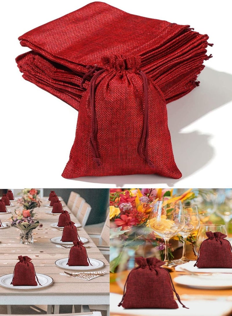 Y&D 25 Pieces Burlap Drawstring Gift Bags Jute Pouch Wedding Favor Bag Advent Calendar Treat Storage Small Present Reusable Candy Goody Wrap Wine Red - Image 1