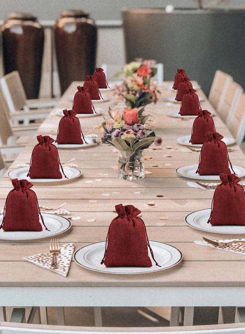 Y&D 25 Pieces Burlap Drawstring Gift Bags Jute Pouch Wedding Favor Bag Advent Calendar Treat Storage Small Present Reusable Candy Goody Wrap Wine Red - Image 2
