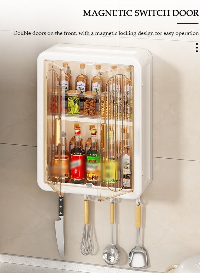 DUNISO Wall Mounted Kitchen Storage Cabinet, Plastic Spice Rack Organizer with Hooks, Transparent Door Pantry Shelf for Seasonings & Utensils - Image 4