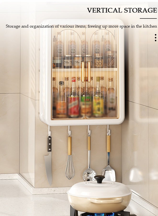 DUNISO Wall Mounted Kitchen Storage Cabinet, Plastic Spice Rack Organizer with Hooks, Transparent Door Pantry Shelf for Seasonings & Utensils - Image 5