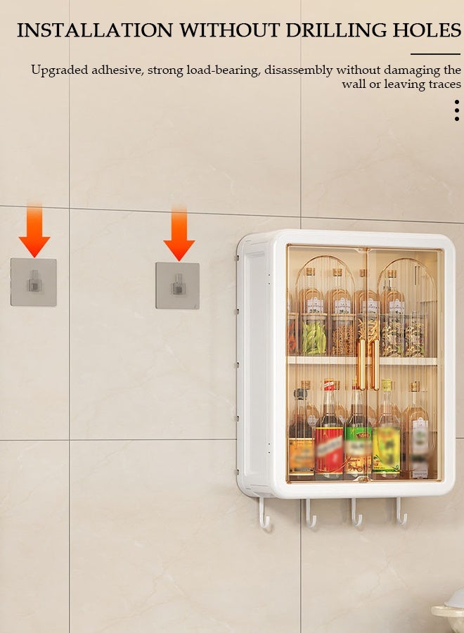 DUNISO Wall Mounted Kitchen Storage Cabinet, Plastic Spice Rack Organizer with Hooks, Transparent Door Pantry Shelf for Seasonings & Utensils - Image 3