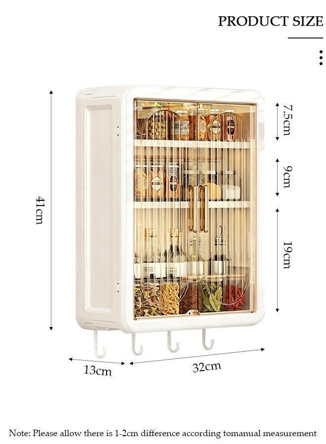 DUNISO Wall Mounted Kitchen Storage Cabinet, Plastic Spice Rack Organizer with Hooks, Transparent Door Pantry Shelf for Seasonings & Utensils - Image 2