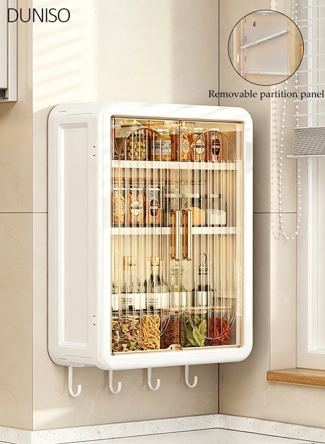DUNISO Wall Mounted Kitchen Storage Cabinet, Plastic Spice Rack Organizer with Hooks, Transparent Door Pantry Shelf for Seasonings & Utensils - Image 1