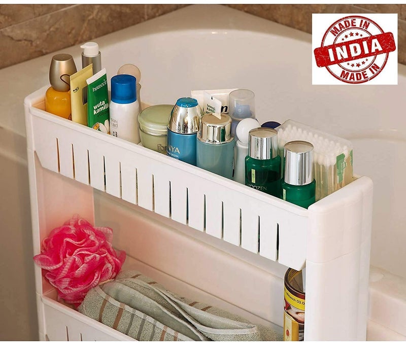 KREZON Plastic 2 Tier Space Saving Storage Organizer Slim Rack Shelf with Wheels Slim Out Kitchen Trolley Rack Holder Storage Organizer for Kitchen Bathroom White - Image 4