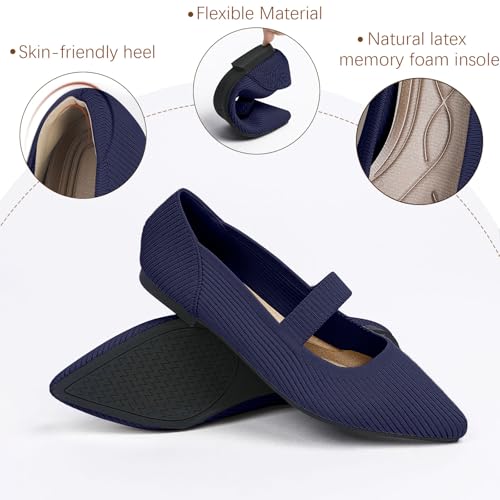 TINGRISE Women's Flats Shoes Pointed Toe Knit Washable Ballet Comfortable Dressy Mary Jane Flat Navy US6.5 - Image 2