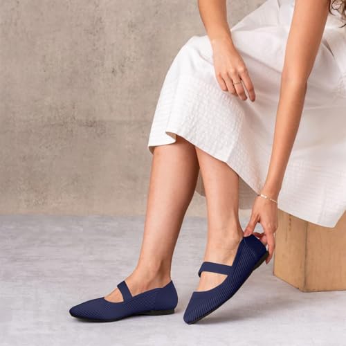 TINGRISE Women's Flats Shoes Pointed Toe Knit Washable Ballet Comfortable Dressy Mary Jane Flat Navy US6.5 - Image 4
