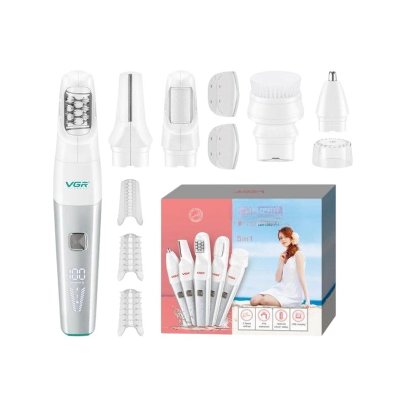 V- 752 5-in-1 Waterproof Electric Hair Removal Set, IPX5 Rated, 2 Speed Settings, LCD Display, epilator head, body Trimmer, nose Trimmer, Callus remover head, facial Cleansing, White