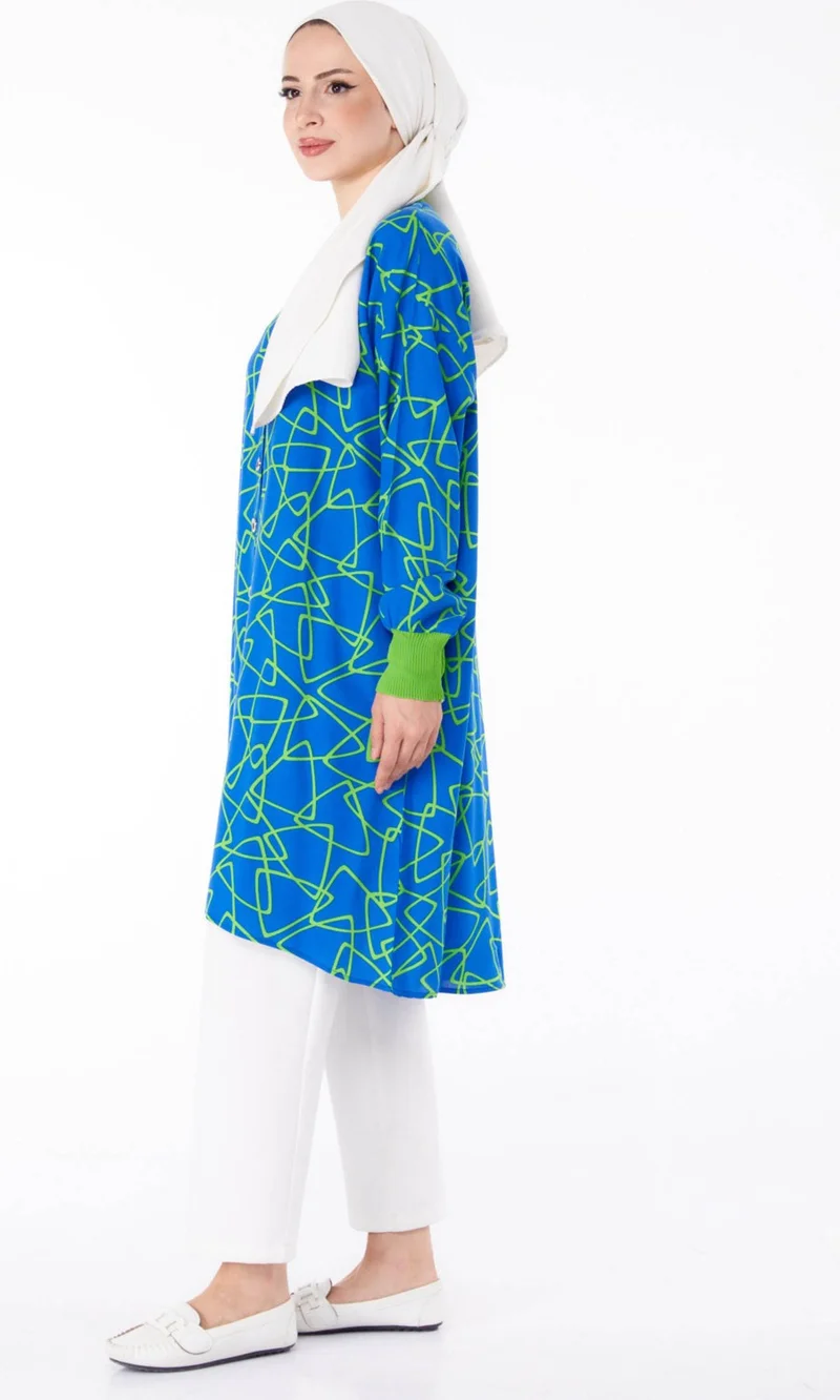 Tofisa Plain Judge Collar Women's Blue Buttoned Patterned Tunic - 25626