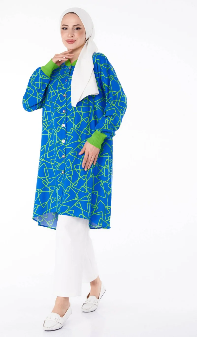 Tofisa Plain Judge Collar Women's Blue Buttoned Patterned Tunic - 25626