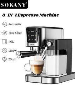 sokany 3 In 1 Automatic Espresso Machine,1350W/1.0L Cappuccino/Latte Coffee Machine with Automatic Milk Frother, 20 Bar Pump Pressure,Touchscreen Coffee Maker for Home and Office,SK-04027,Black/Silver  - Image 1