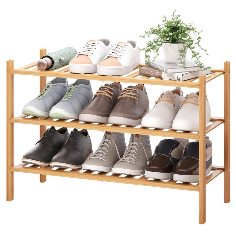 BMOSU 3Tier Bamboo Shoe Rack Premium Stackable Shoe Shelf Storage Organizer for Hallway Closet Living Room Entryway Organizer Natural Bamboo