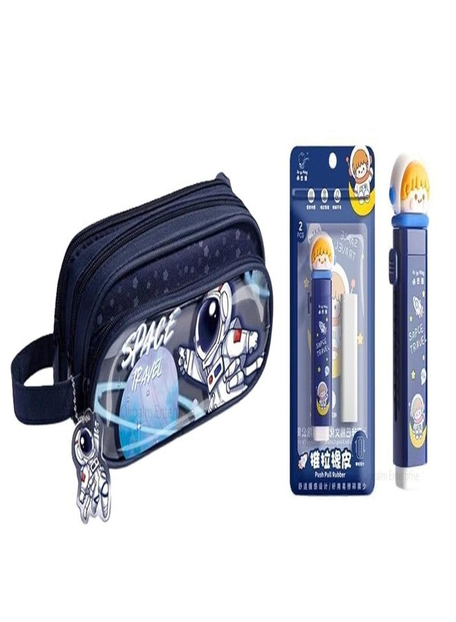 Invite Enterprise Kawaii Cute Pencil Pouch with Push Pull Eraser Set for Kids,Premium Canvas Zipper Stationery Organizer Box with Cartoon Design | School Supplies Gift Combo for Boys & Girls (Astronaut Pouch + Eraser) - Image 1