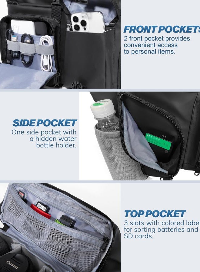 Smasrob Camera Bag with Tripod Holder, Rain Cover and Hidden Water Bottle Holder, Camera Sling Bag with Extra Storage Section, Black - Image 4
