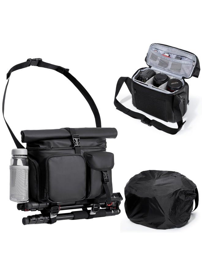 Smasrob Camera Bag with Tripod Holder, Rain Cover and Hidden Water Bottle Holder, Camera Sling Bag with Extra Storage Section, Black - Image 1