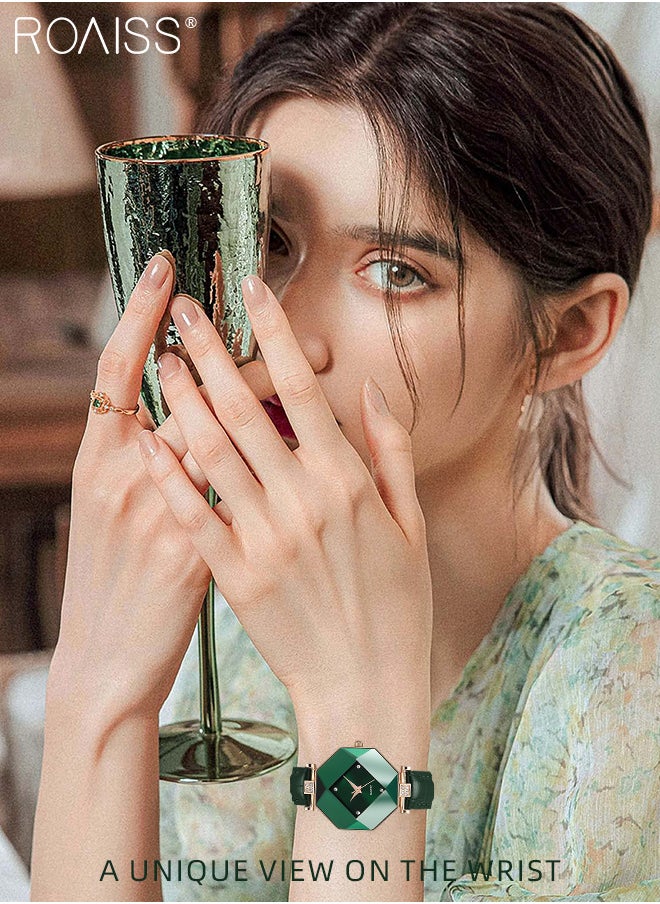 Women's Leather Strap Quartz Watch, Analog Display Green Rhombus Dial with Rhombus Cut Mirror, Luxurious Waterproof Wristwatch as Gift for Ladies