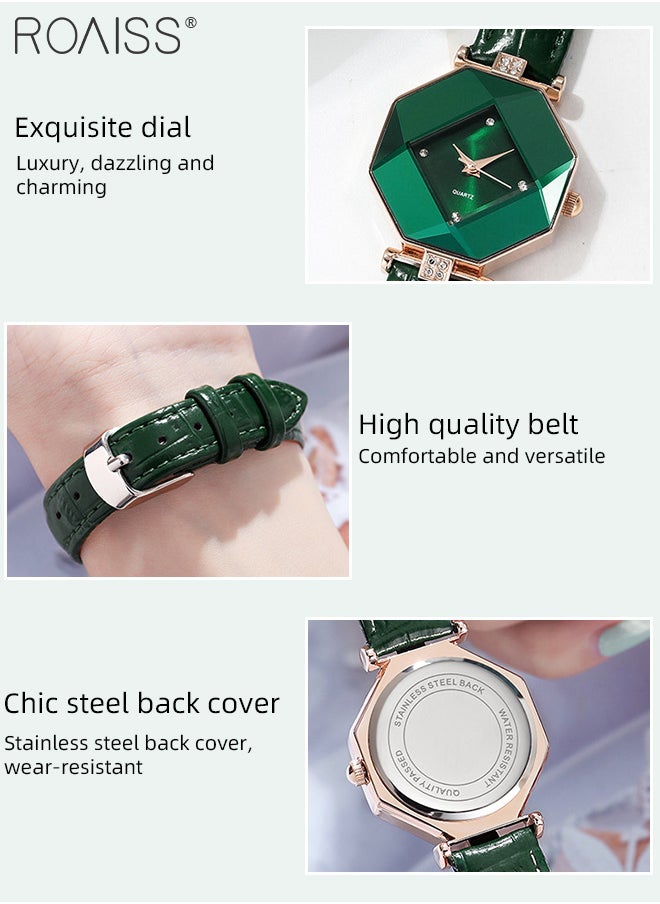 Women's Leather Strap Quartz Watch, Analog Display Green Rhombus Dial with Rhombus Cut Mirror, Luxurious Waterproof Wristwatch as Gift for Ladies