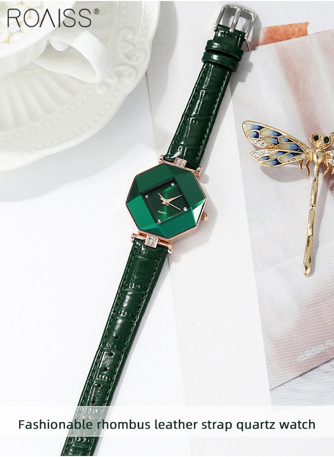 Women's Leather Strap Quartz Watch, Analog Display Green Rhombus Dial with Rhombus Cut Mirror, Luxurious Waterproof Wristwatch as Gift for Ladies