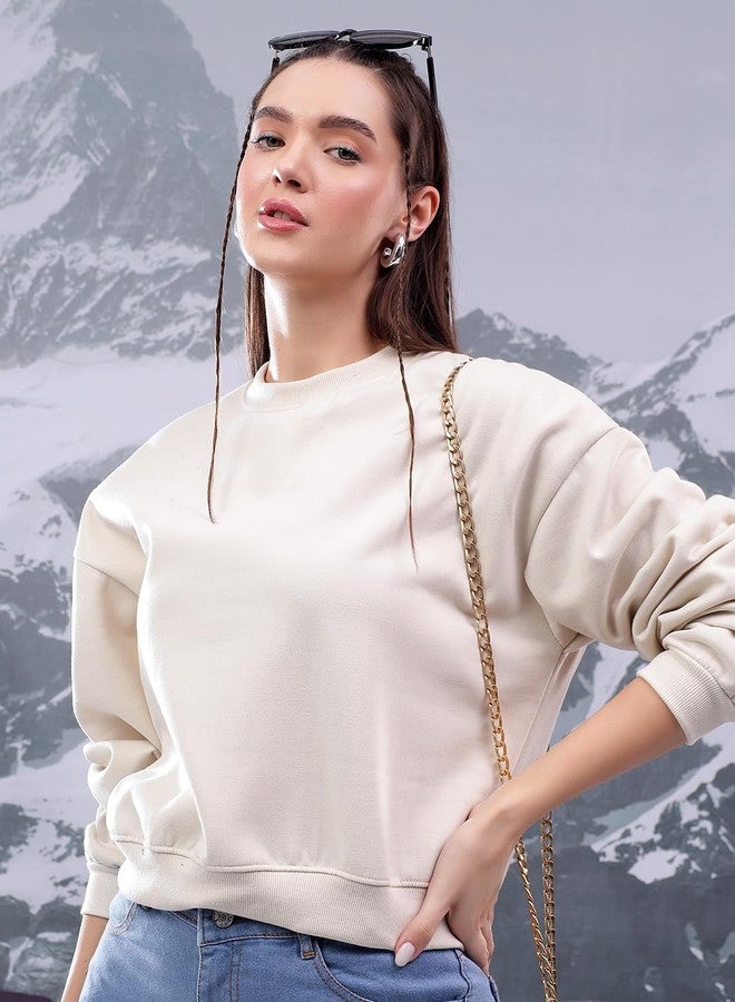 KOTTY Women's Fleece Sweatshirt Solid Pattern with Classic Round Neck(White,M) - Image 2
