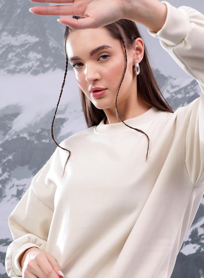 KOTTY Women's Fleece Sweatshirt Solid Pattern with Classic Round Neck(White,M) - Image 5