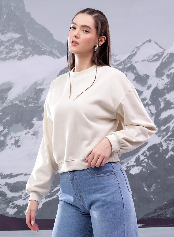 KOTTY Women's Fleece Sweatshirt Solid Pattern with Classic Round Neck(White,M) - Image 4