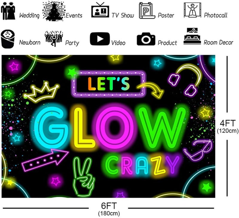 ARS Neon Glow Party Decorations Supplies Backdrop 6x4ft Glow in The Dark Let’s Glow Banner Photography Background Birthday Sleppover Graffiti Splash Paint Black Light Kids Photo Booth - Image 2
