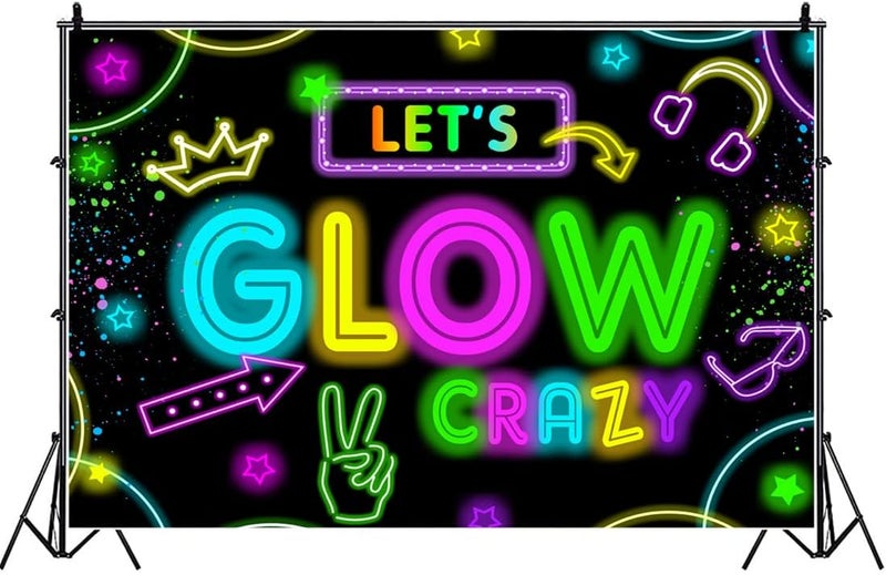 ARS Neon Glow Party Decorations Supplies Backdrop 6x4ft Glow in The Dark Let’s Glow Banner Photography Background Birthday Sleppover Graffiti Splash Paint Black Light Kids Photo Booth - Image 3