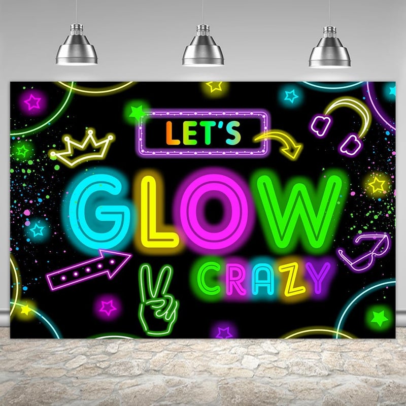 ARS Neon Glow Party Decorations Supplies Backdrop 6x4ft Glow in The Dark Let’s Glow Banner Photography Background Birthday Sleppover Graffiti Splash Paint Black Light Kids Photo Booth - Image 1