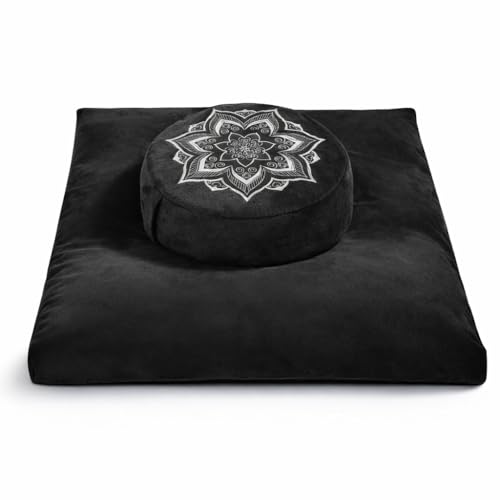 hunnidspace Meditation Cushion Set Zafu & Zabuton – Buckwheat Hull & Memory Foam, Adjustable Floor Pillow for Yoga, Meditation & Sitting, Removable Velvet Cover (Classic Black) - Image 1