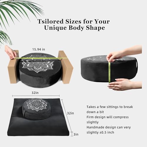hunnidspace Meditation Cushion Set Zafu & Zabuton – Buckwheat Hull & Memory Foam, Adjustable Floor Pillow for Yoga, Meditation & Sitting, Removable Velvet Cover (Classic Black) - Image 2