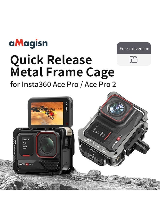 aMagisn Quick Release Metal Camera Cage for Insta360 Ace Pro/Ace Pro2 – Horizontal & Vertical Shooting Frame with Flip Battery Door, Cold Shoe Mount, and Lens Protection – Action Camera Cage Accessory - Image 2