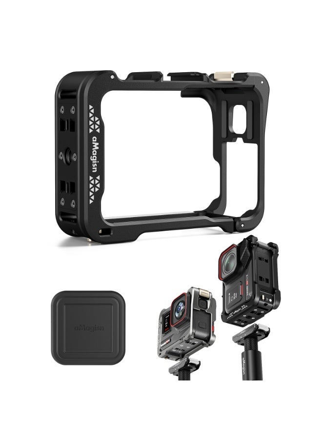 aMagisn Quick Release Metal Camera Cage for Insta360 Ace Pro/Ace Pro2 – Horizontal & Vertical Shooting Frame with Flip Battery Door, Cold Shoe Mount, and Lens Protection – Action Camera Cage Accessory - Image 1