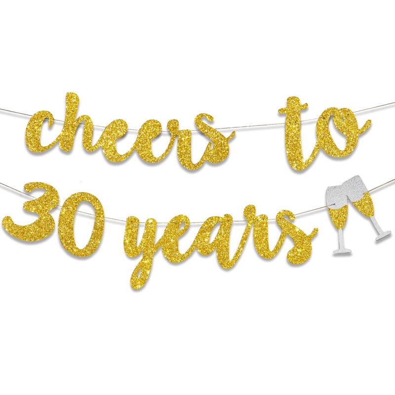 GOER Cheers to 30 Years and Champagne Glasses Gold Glitter Banner for 30th Birthday Party Decorations