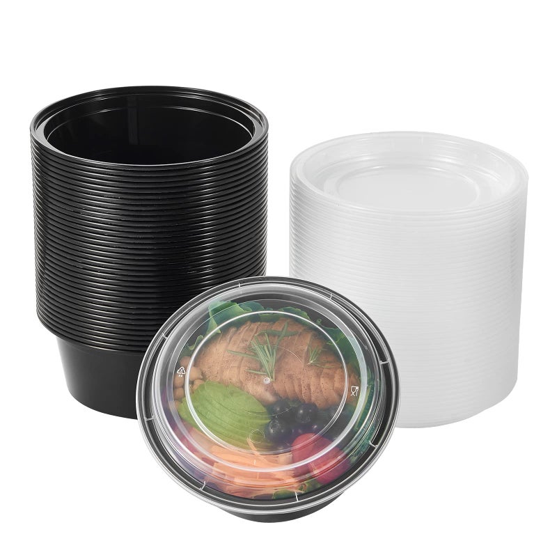 FULING 38 oz 50 ct Round Meal Prep Containers with Lids Plastic Food Storage To Go Lunch Plan Box Disposable Take Out Bowls Black BPA Free Reusable Durable Stackable Microwave Freezer Dishwasher Safe