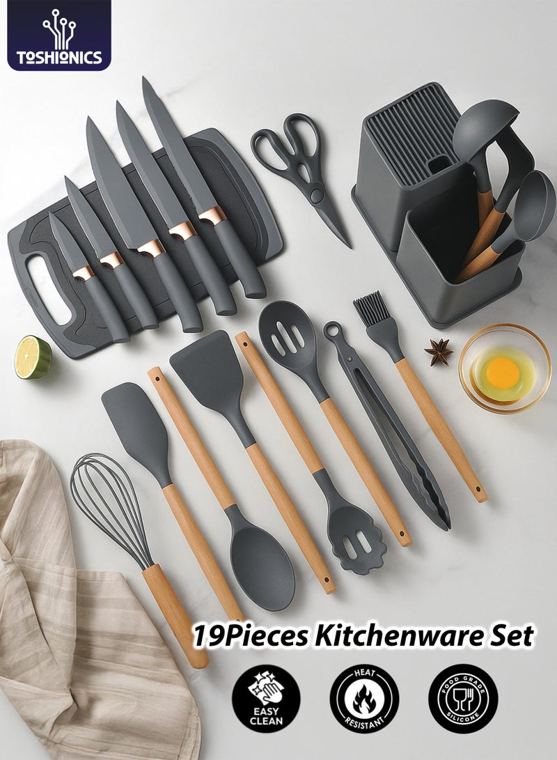 Toshionics 19 PCS Silicone Kitchenware Set with Wooden Handles T114659 | Heat-Resistant Non-Stick Cooking Utensils + 6-in-1 Knife Set + Holder + Cutting Board | Premium Food-Grade Silicone Cooking Tools - Image 1