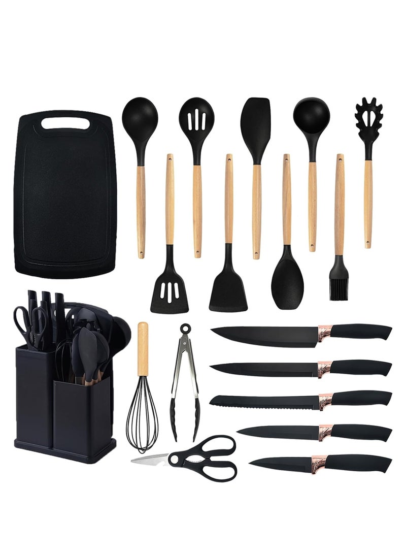 Toshionics 19 PCS Silicone Kitchenware Set with Wooden Handles T114659 | Heat-Resistant Non-Stick Cooking Utensils + 6-in-1 Knife Set + Holder + Cutting Board | Premium Food-Grade Silicone Cooking Tools - Image 2