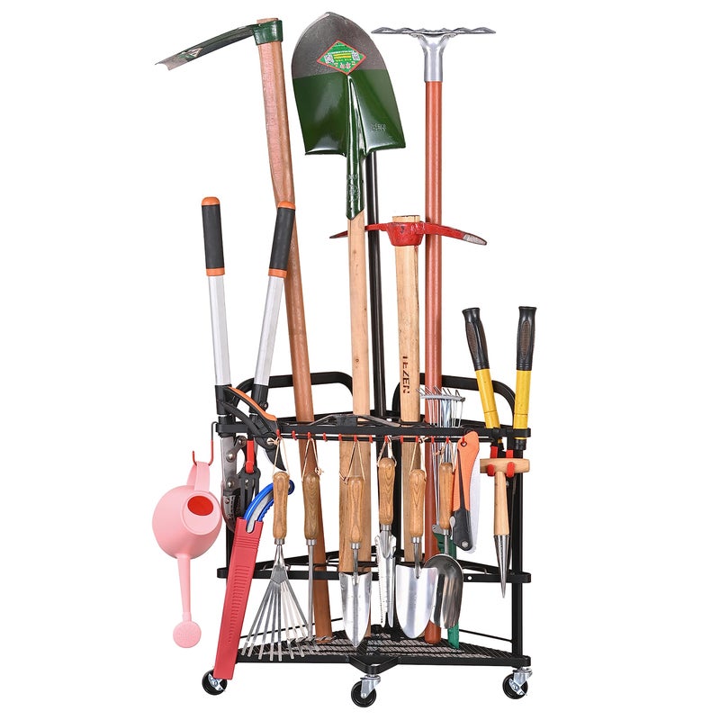PLKOW PLKOW Garden Tool Organizer with Wheels and Storage Hooks Rolling Corner Tool Storage Rack for Garden Shed Garage Powder Coated Steel Black 