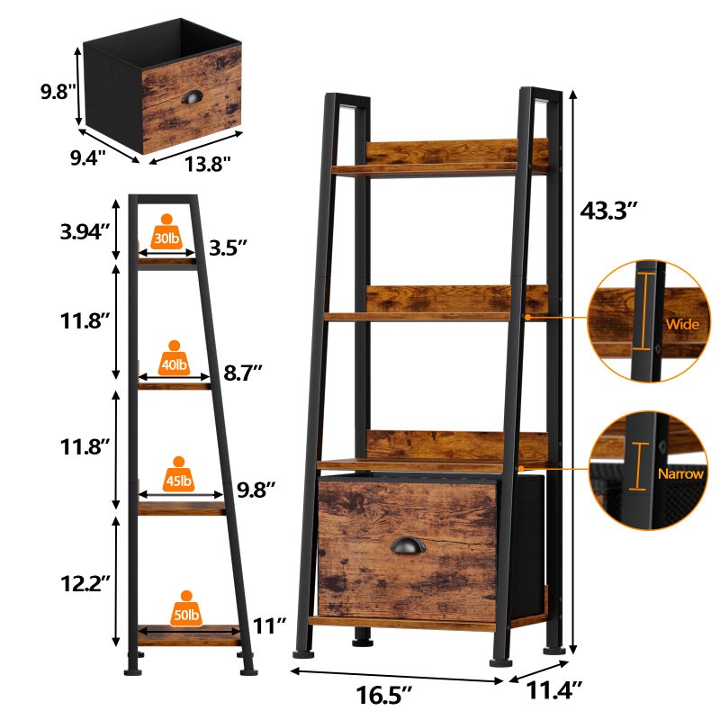 Furologee 4-Tier Ladder Shelf, Ladder Bookshelf with Removable Drawer, Rustic Bookcase Storage Rack Organizer, Wood Metal Freestanding Storage Shelves for Living Room, Home Office, Bedroom, Kitchen - Image 3